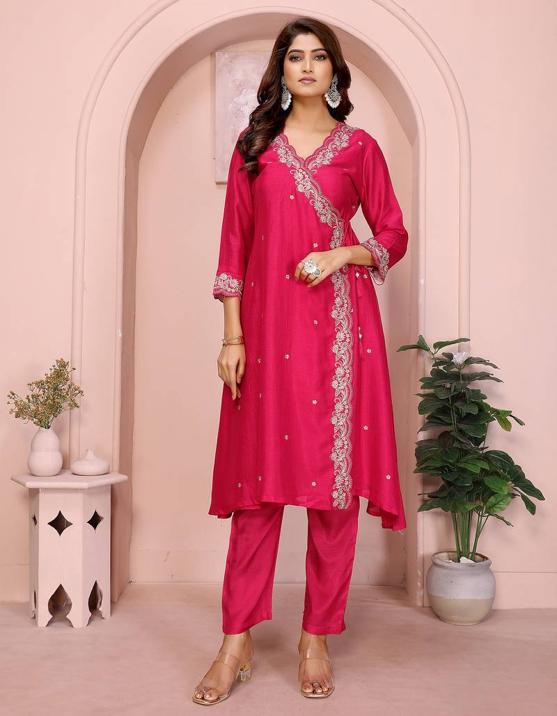 pink vichitra silk floral embroidery angrakha kurta set