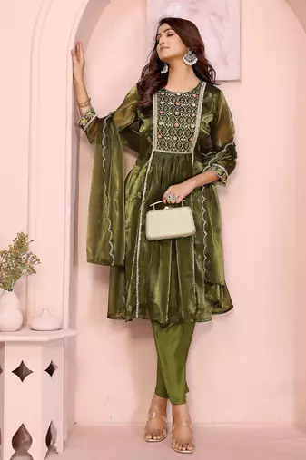 Olive green organza yoke embroidery a line round neck kurta set