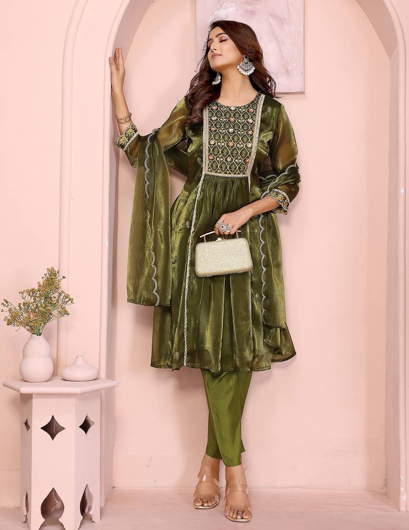 Olive green organza yoke embroidery a line round neck kurta set