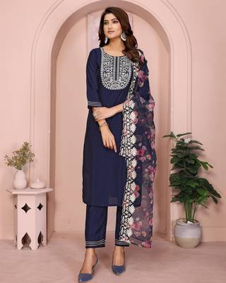 Navy blue roman plain embroidery straight round neck kurta set 1