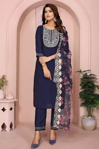 Navy blue roman plain embroidery straight round neck kurta set