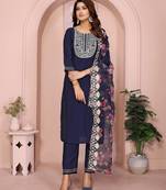 Navy blue roman plain embroidery straight round neck kurta set