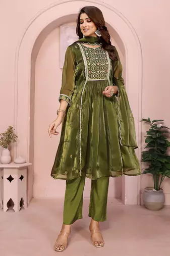 Olive green organza yoke embroidery a line round neck kurta set