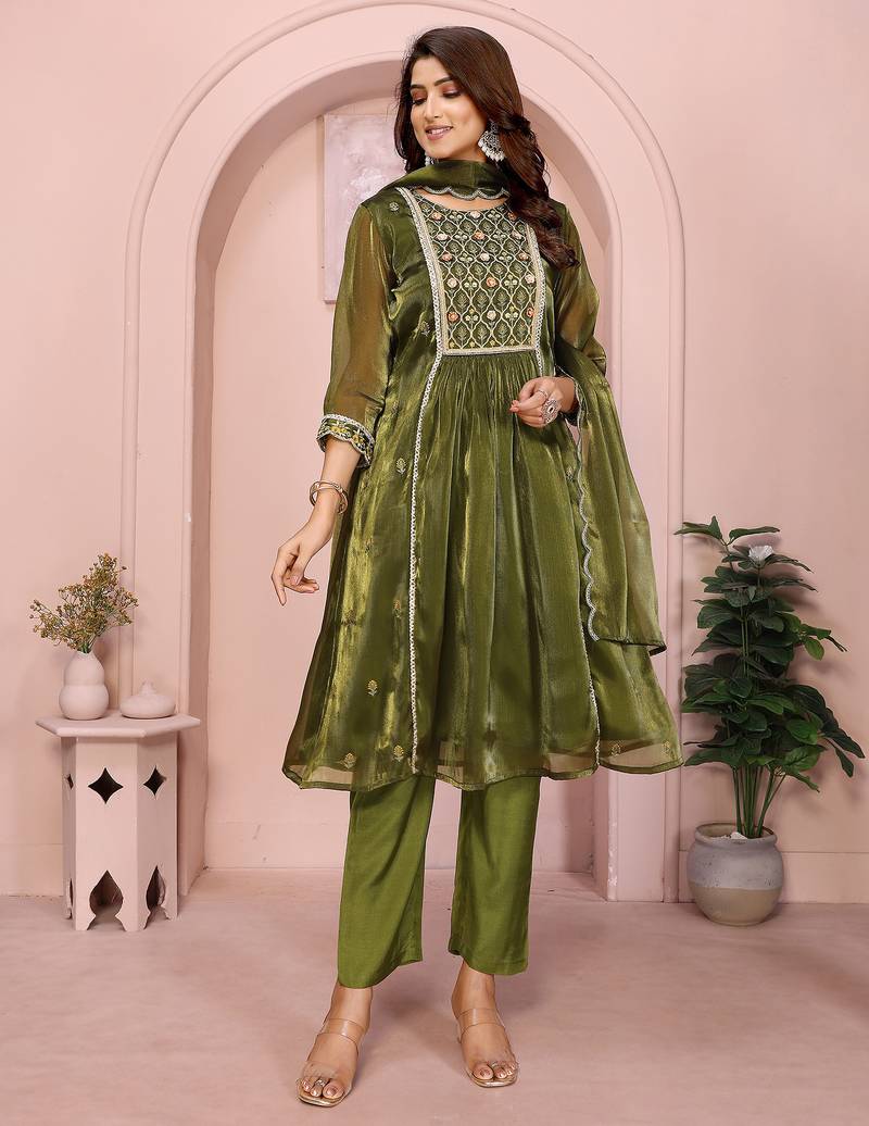 Olive green organza yoke embroidery a line round neck kurta set