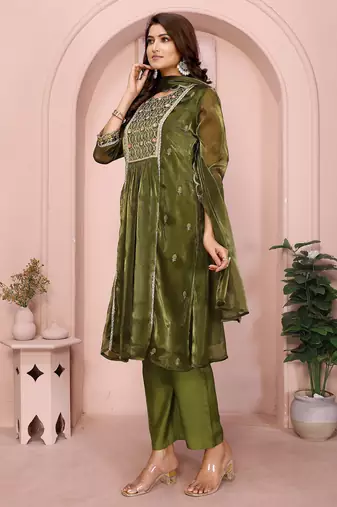 Olive green organza yoke embroidery a line round neck kurta set