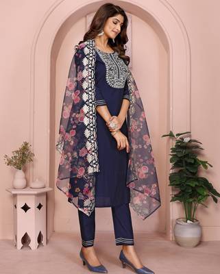 Navy blue roman plain embroidery straight round neck kurta set 3