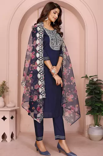 Navy blue roman plain embroidery straight round neck kurta set