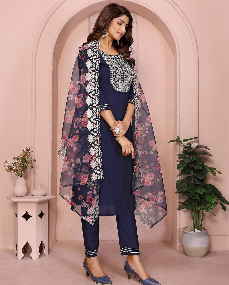 Navy blue roman plain embroidery straight round neck kurta set