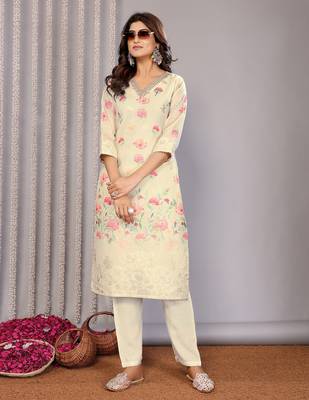 off white chanderi floral kurta set for women 1