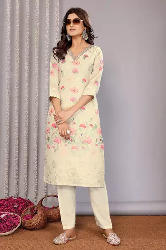 Off white chanderi floral printed straight kurta set