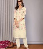 Off white chanderi floral printed straight kurta set