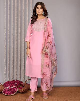 Light pink roman plain embroidery straight round neck kurta set 1