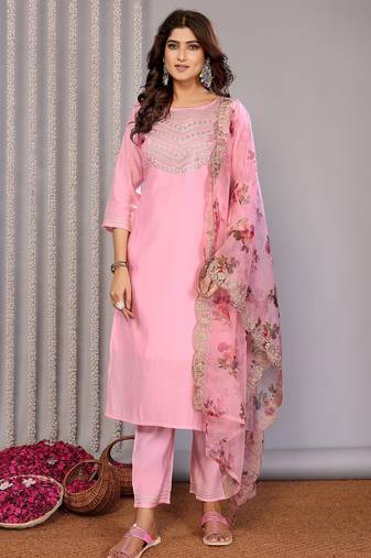 Light pink roman plain embroidery straight round neck kurta set
