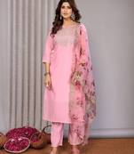 Light pink roman plain embroidery straight round neck kurta set