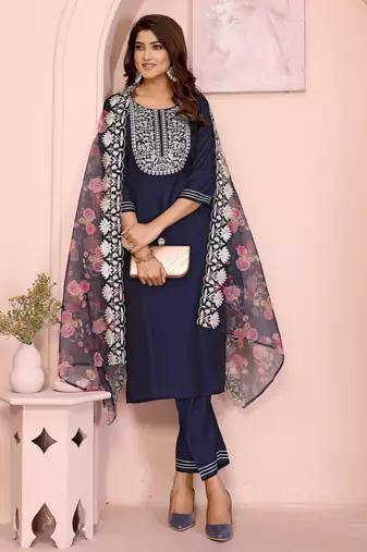 Navy blue roman plain embroidery straight round neck kurta set
