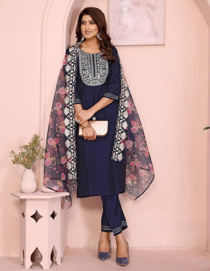 Navy blue roman plain embroidery straight round neck kurta set
