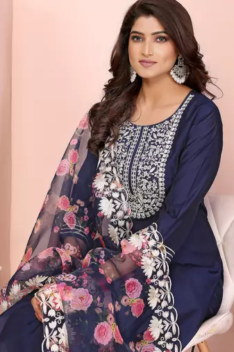 Navy blue roman plain embroidery straight round neck kurta set