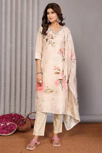 Cream chanderi floral printed straight kurta set