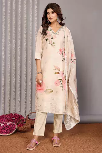 Cream chanderi floral printed straight kurta set