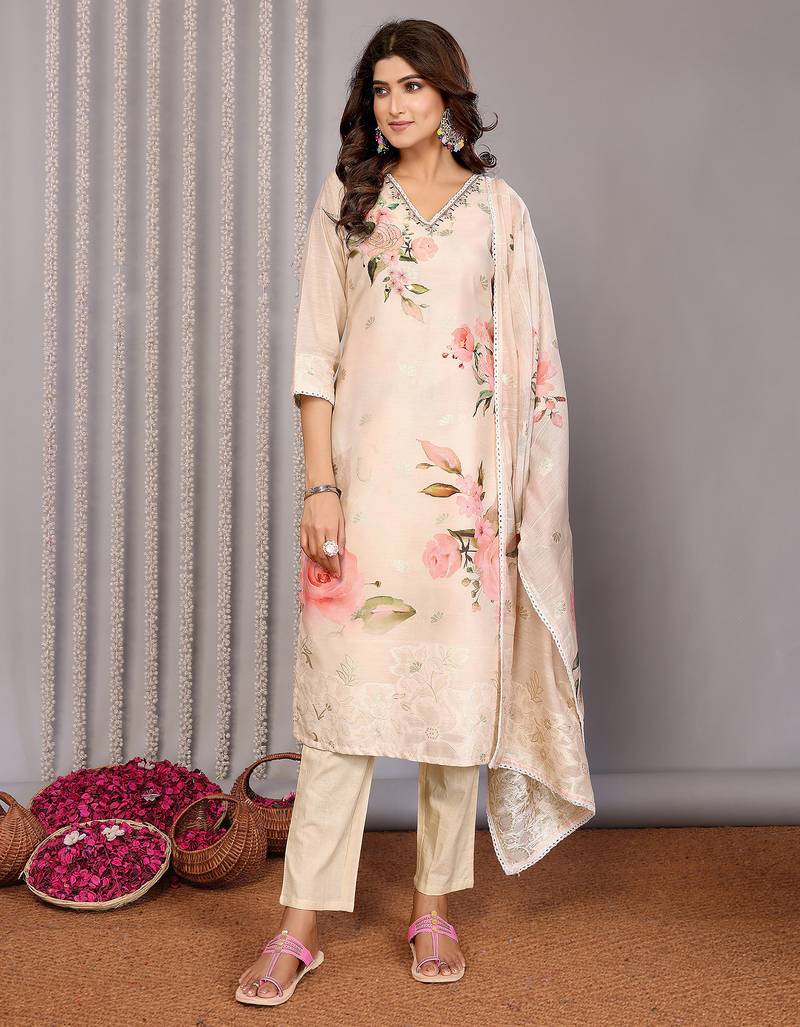 Cream chanderi floral printed straight kurta set