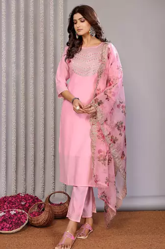 Light pink roman plain embroidery straight round neck kurta set