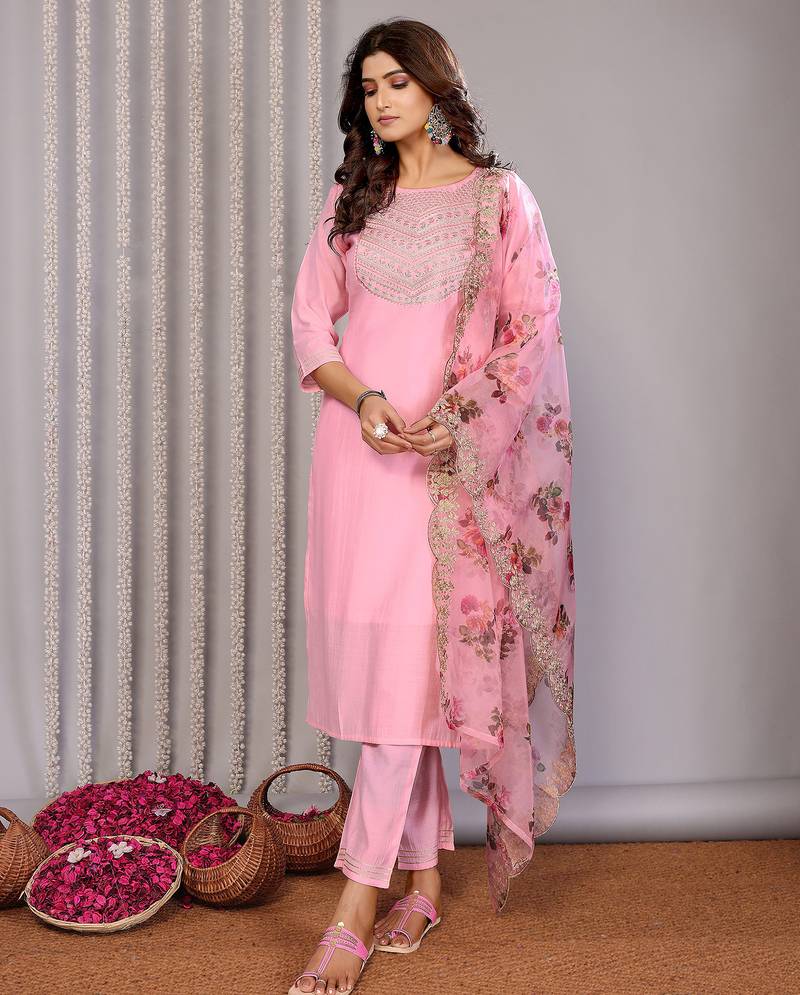 Light pink roman plain embroidery straight round neck kurta set
