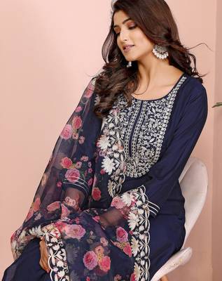Navy blue roman plain embroidery straight round neck kurta set 6