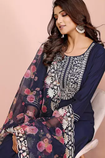 Navy blue roman plain embroidery straight round neck kurta set