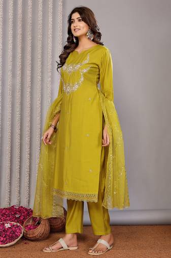 Olive green roman floral embroidery straight neck kurta set