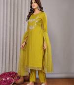 Olive green roman floral embroidery straight neck kurta set