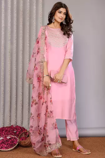 Light pink roman plain embroidery straight round neck kurta set