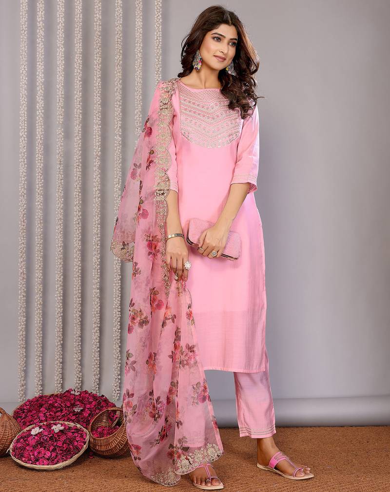 Light pink roman plain embroidery straight round neck kurta set