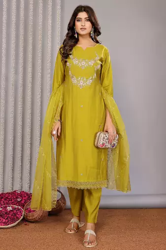 Olive green roman floral embroidery straight neck kurta set