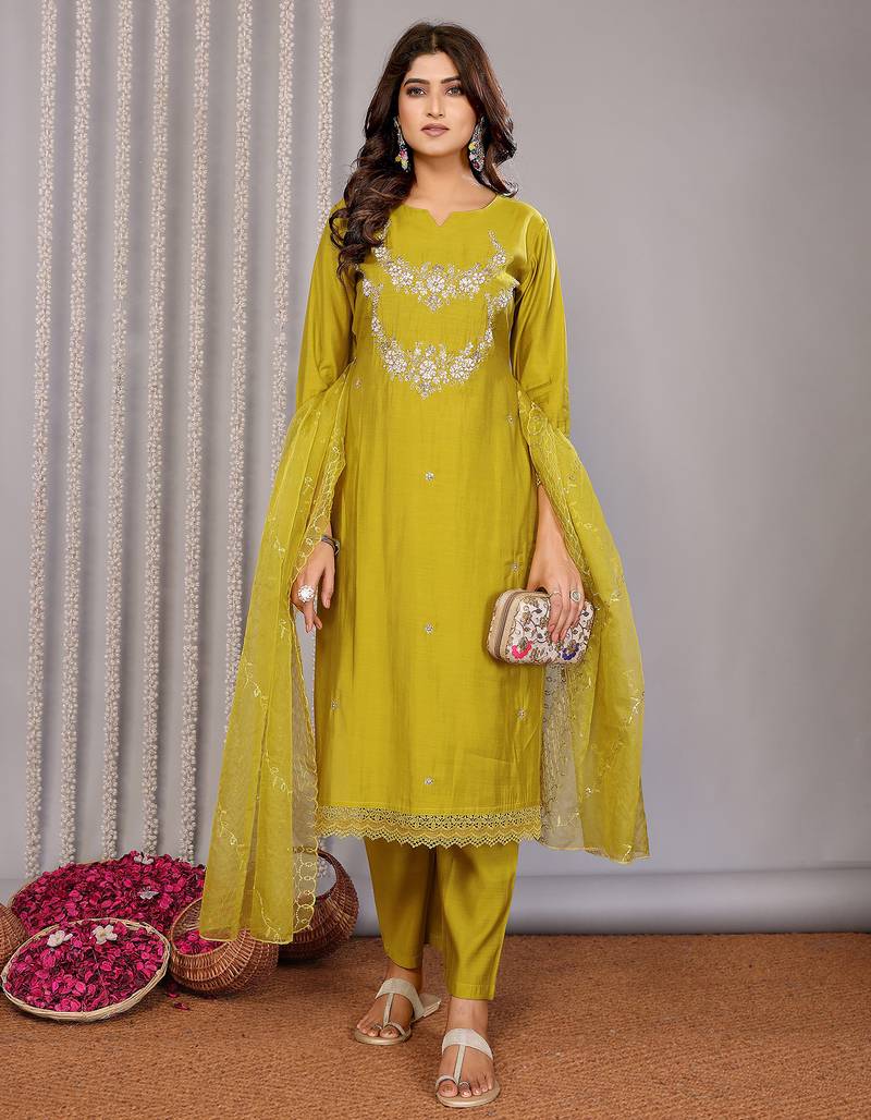 Olive green roman floral embroidery straight neck kurta set
