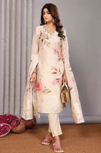 Cream chanderi floral printed straight kurta set