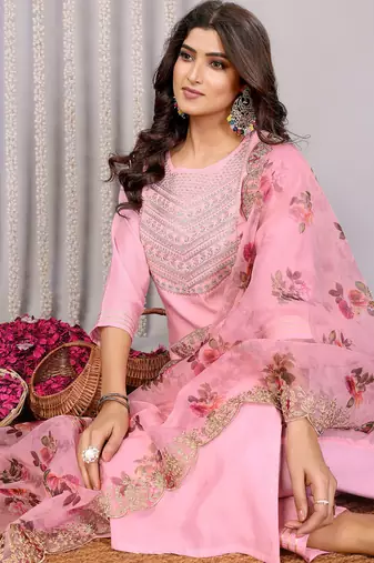 Light pink roman plain embroidery straight round neck kurta set
