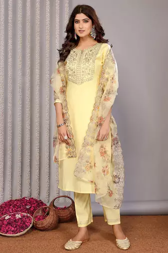 Pale yellow roman yoke embroidery straight neck kurta set