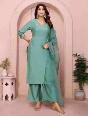 Aqua blue chinon plain embroidery straight kurta set 1