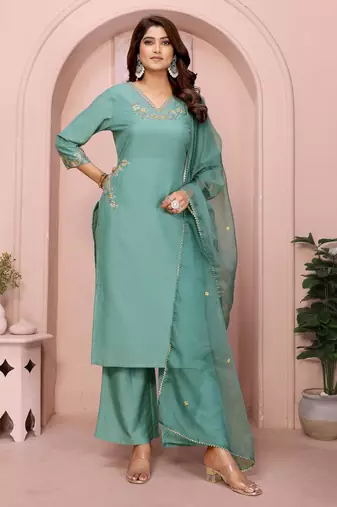 Aqua blue chinon plain embroidery straight kurta set