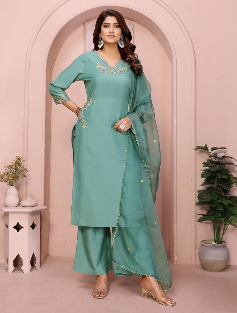 Aqua blue chinon plain embroidery straight kurta set