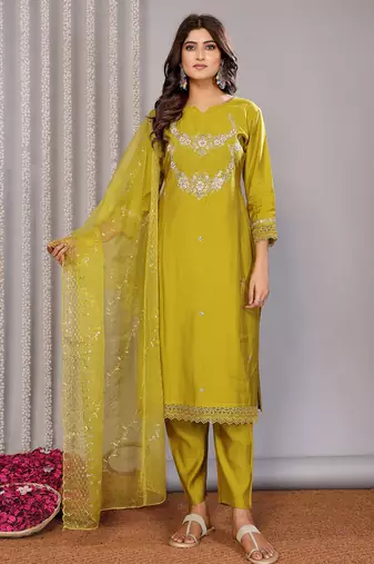 Olive green roman floral embroidery straight neck kurta set
