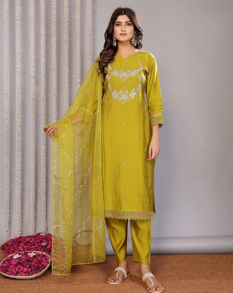 Olive green roman floral embroidery straight neck kurta set