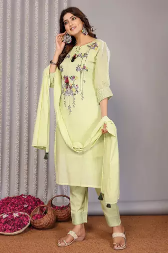 Lemon green kota doria floral embroidery straight round neck kurta set