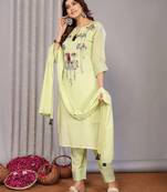 Lemon green kota doria floral embroidery straight round neck kurta set