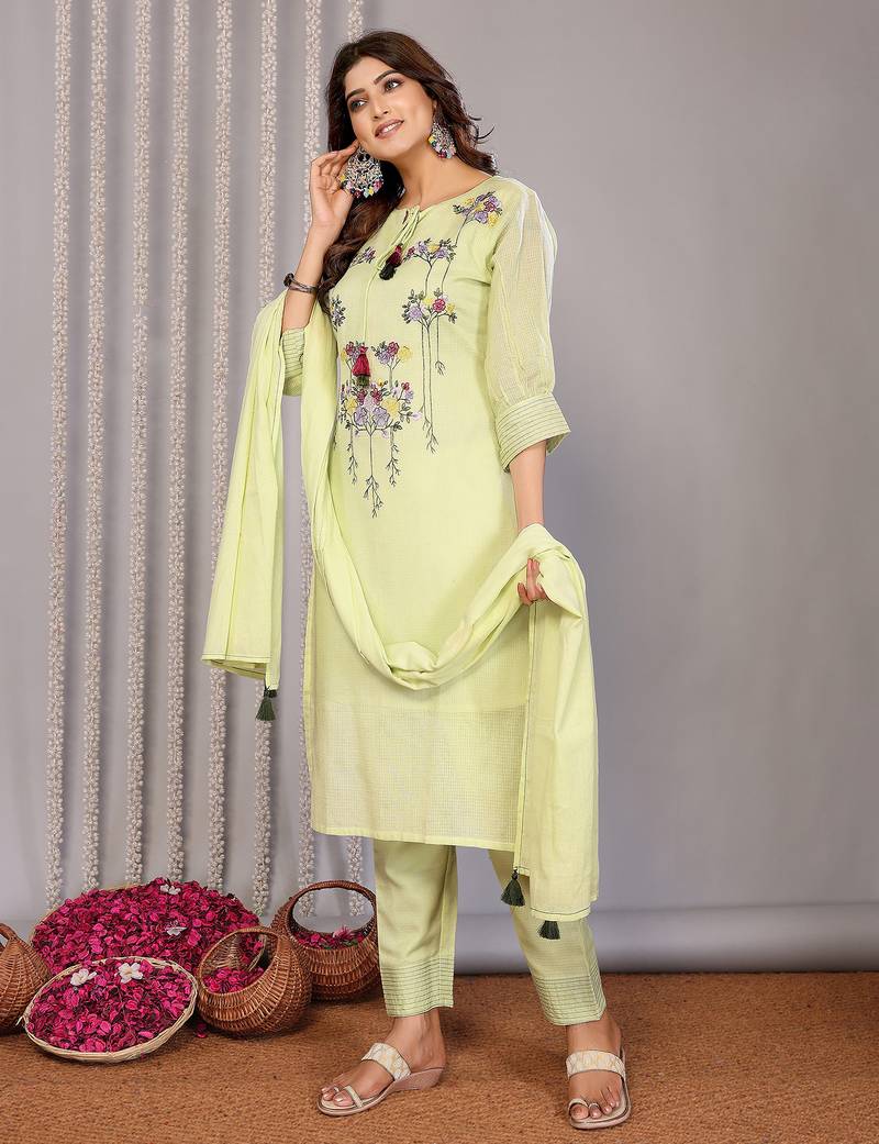 Lemon green kota doria floral embroidery straight round neck kurta set