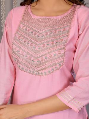 Light pink roman plain embroidery straight round neck kurta set 6