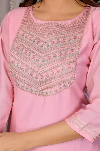 Light pink roman plain embroidery straight round neck kurta set