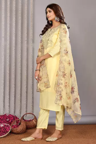 Pale yellow roman yoke embroidery straight neck kurta set