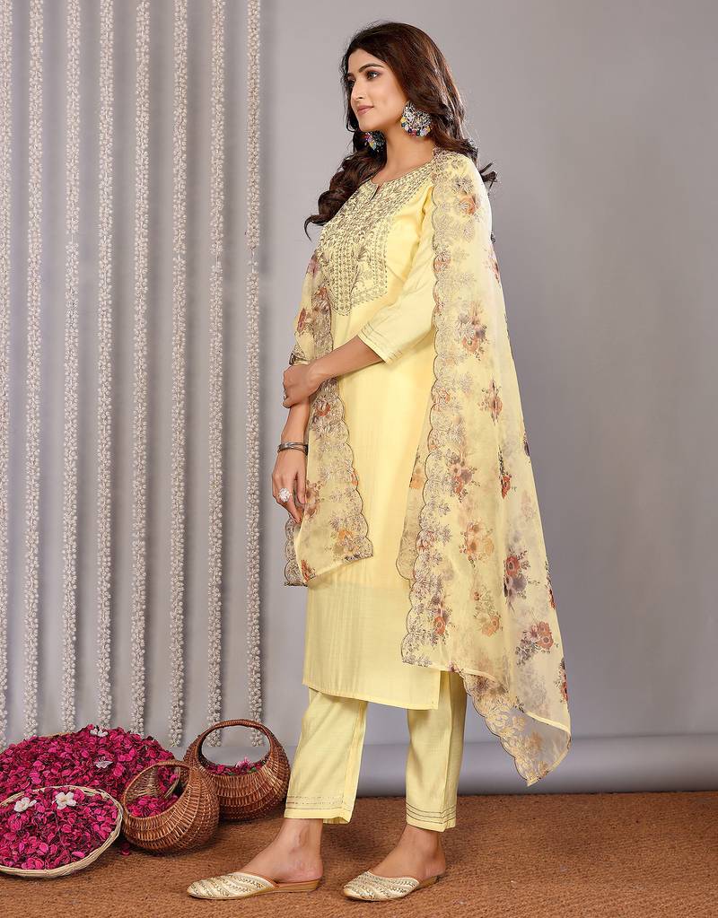Pale yellow roman yoke embroidery straight neck kurta set