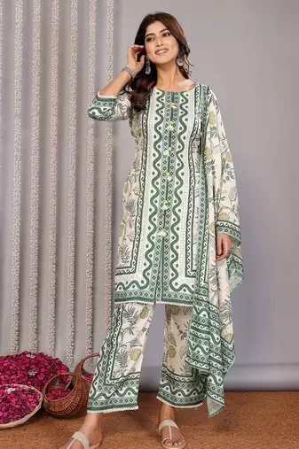Off white & forest green linen floral & geomatric printed straight round neck kurta set
